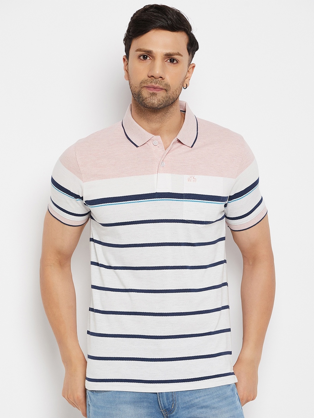 98 Degree North Striped Polo Collar Cotton T-shirt, Pink