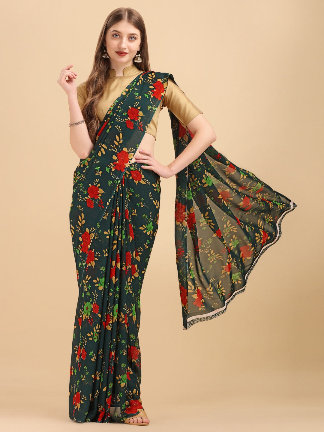 Dori Floral Printed Pure Georgette Saree, Green