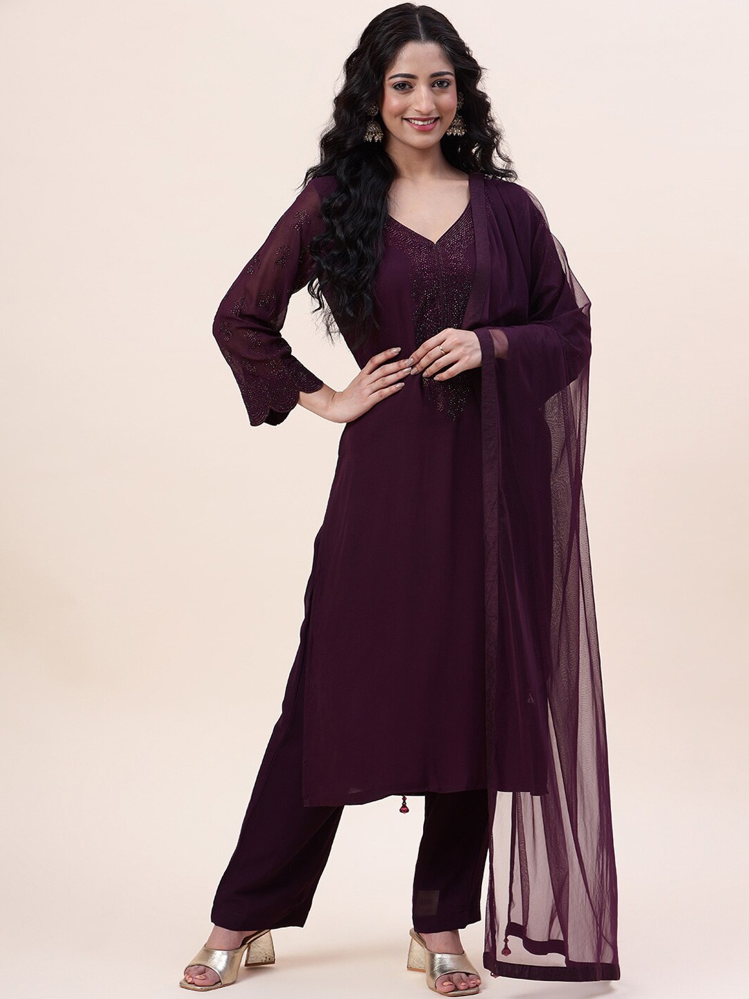 Meena Bazaar Regular Beads And Stones Kurta With Trousers & Dupatta, Purple