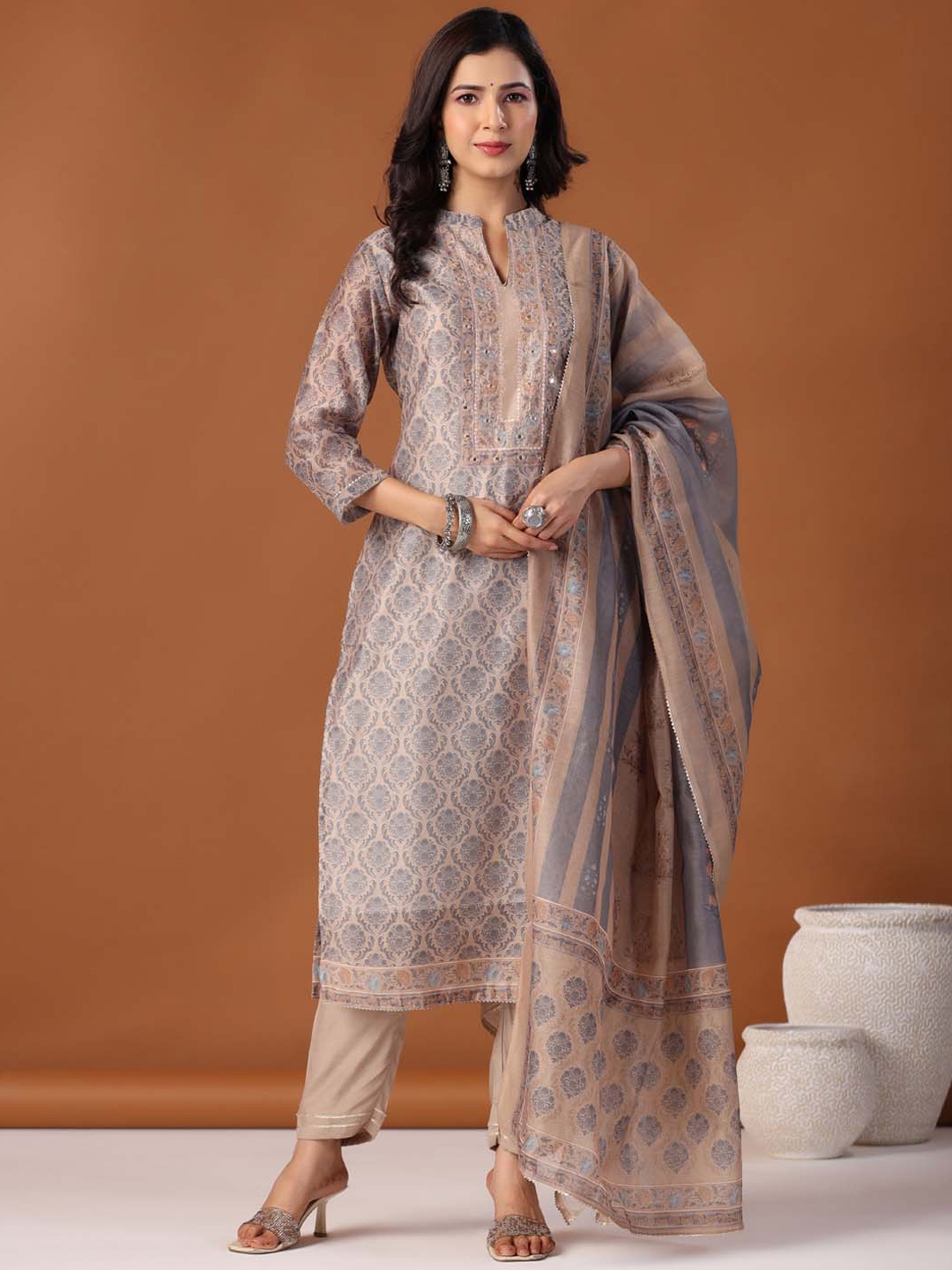 Meena Bazaar Ethnic Motifs Printed Mirror Work Kurta with Trousers & With Dupatta, Beige
Meena Bazaar Ethnic Motifs Printed Mirror Work Kurta with Trousers & With Dupatta, Beige