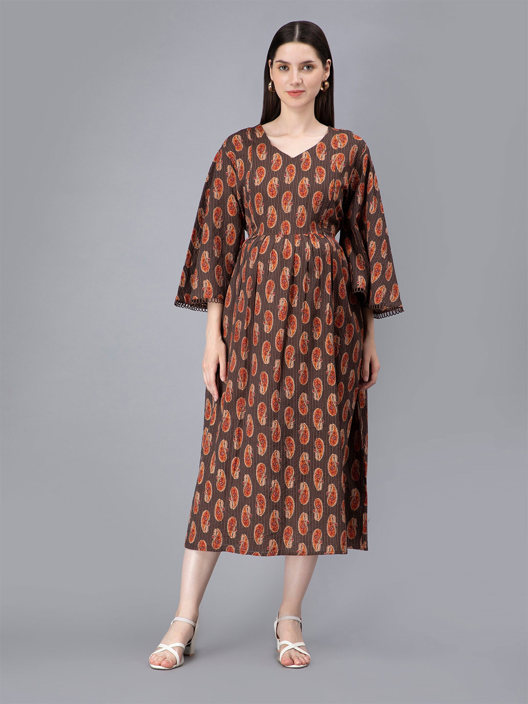 NIGHTSPREE Ethnic Motifs Print Flared Sleeve Maternity & Feeding A-Line Midi Dress, Brown
NIGHTSPREE Ethnic Motifs Print Flared Sleeve Maternity & Feeding A-Line Midi Dress, Brown