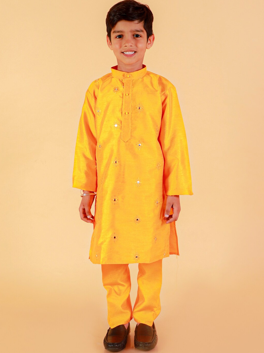 BAESD Boys Ethnic Motifs Embroidered Mirror Work Kurta With Pyjamas, Yellow