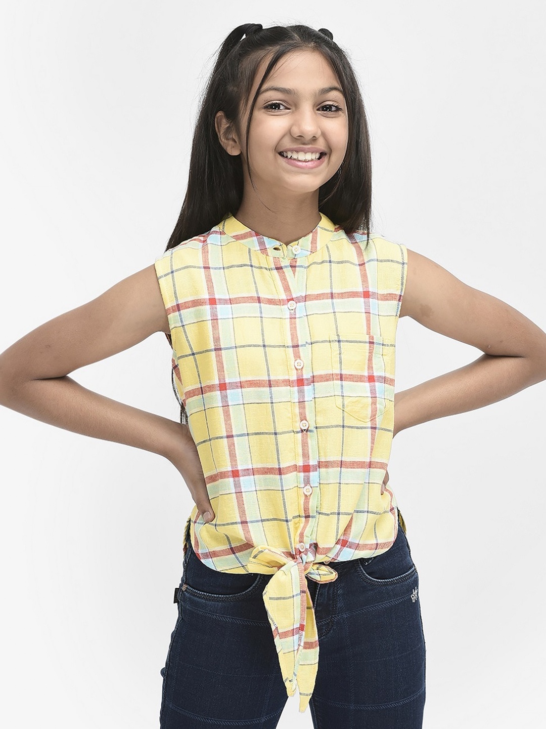 Crimsoune Club Girls Slim Fit Checked Mandarin Collar Sleeveless Tie-Up Casual Shirt, Yellow
Crimsoune Club Girls Slim Fit Checked Mandarin Collar Sleeveless Tie-Up Casual Shirt, Yellow