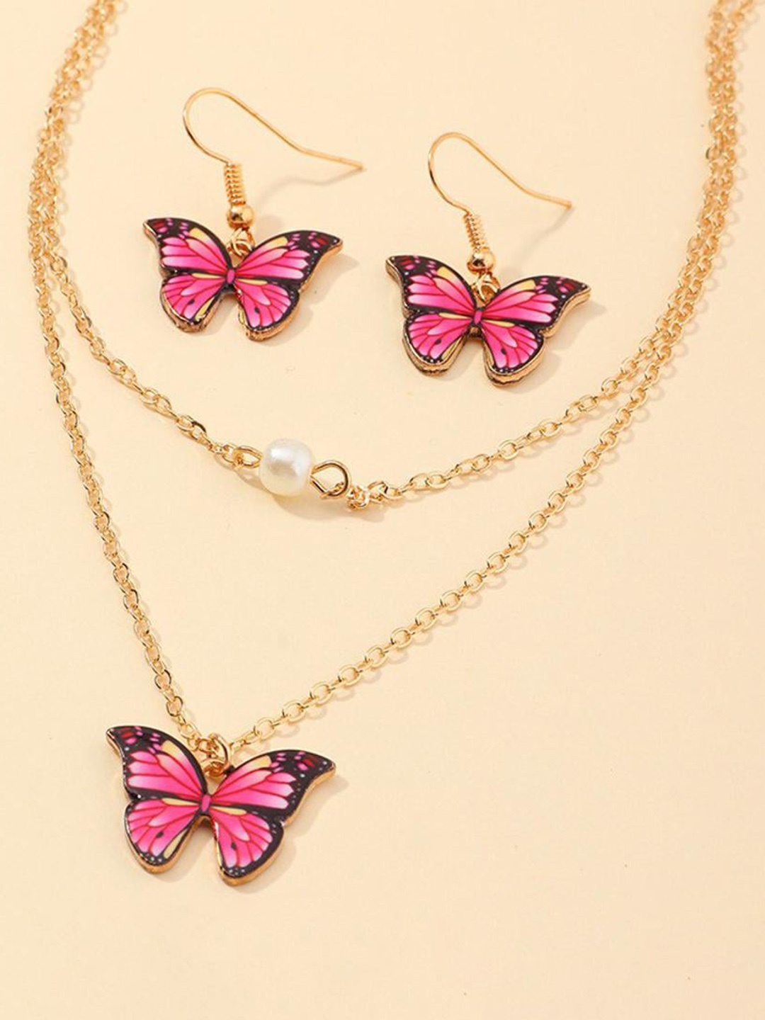 MYKI Gold-Plated Multi Layer Butterfly Butterfly Necklace & Earrings, Pink