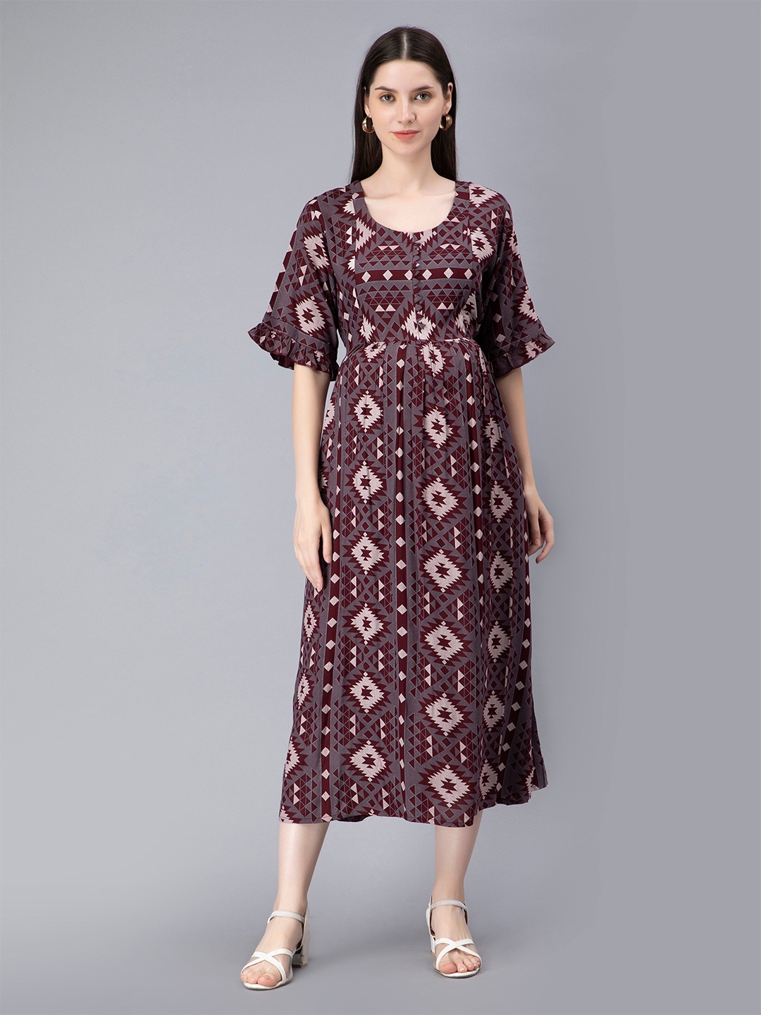 NIGHTSPREE Ethnic Motifs Print Bell Sleeve Maternity Feeding A-Line Midi Dress, Maroon
NIGHTSPREE Ethnic Motifs Print Bell Sleeve Maternity Feeding A-Line Midi Dress, Maroon