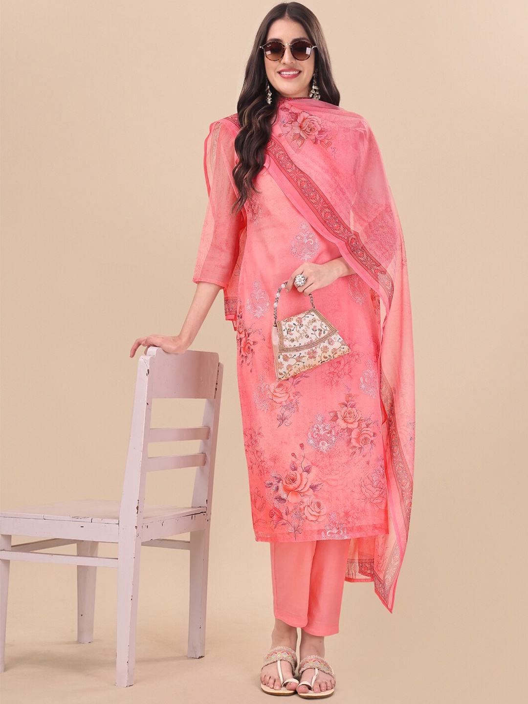 Inddus Peach Floral Printed Thread Work Detail Straight Kurta & Trousers With Dupatta
Inddus Peach Floral Printed Thread Work Detail Straight Kurta & Trousers With Dupatta