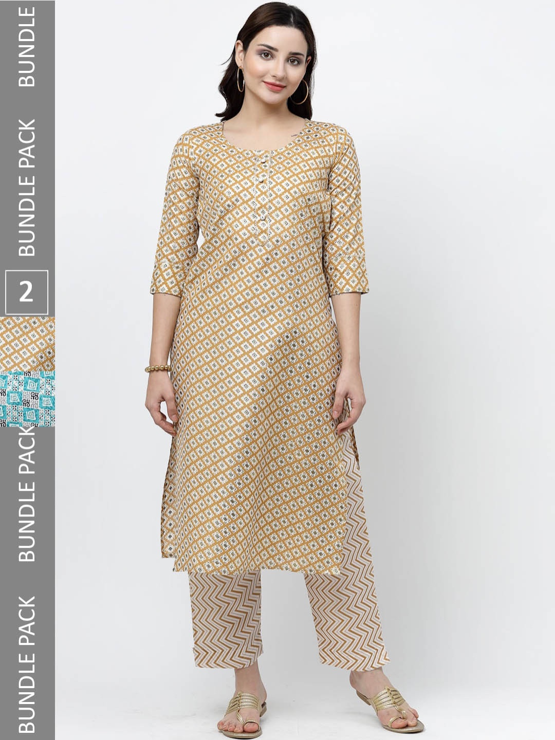 KALINI Pack Of 2 Geometric Printed Gotta Patti Pure Cotton Kurta With Trousers, Beige
KALINI Pack Of 2 Geometric Printed Gotta Patti Pure Cotton Kurta With Trousers, Beige
