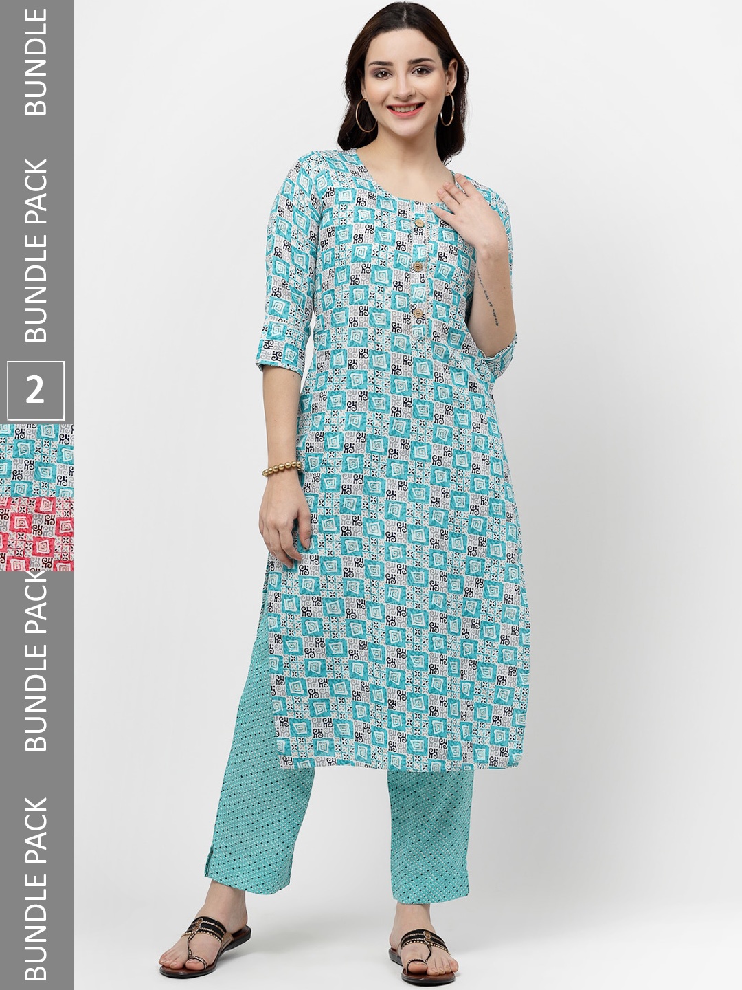 KALINI Pack Of 2 Geometric Printed Gotta Patti Pure Cotton Kurta With Trousers, Turquoise blue
KALINI Pack Of 2 Geometric Printed Gotta Patti Pure Cotton Kurta With Trousers, Turquoise blue