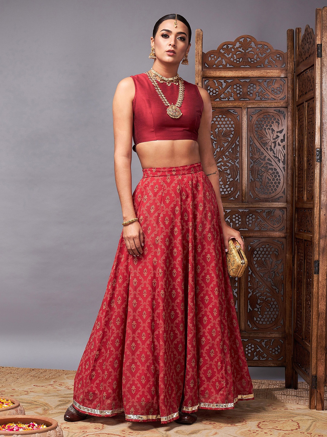 Shae by SASSAFRAS Maroon & Beige Printed Ready to Wear Lehenga & Choli