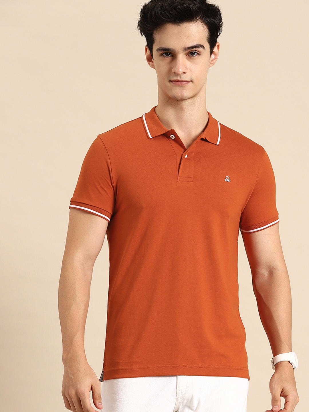 United Colors of Benetton Contrast Tipping Polo Collar T-shirt, Rust