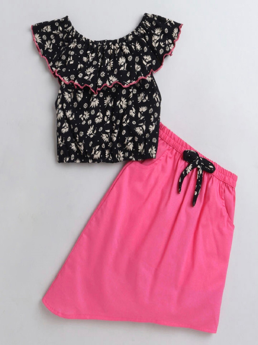 M'andy Girls Floral Printed Ruffled Top With High-Low Skirt, Black