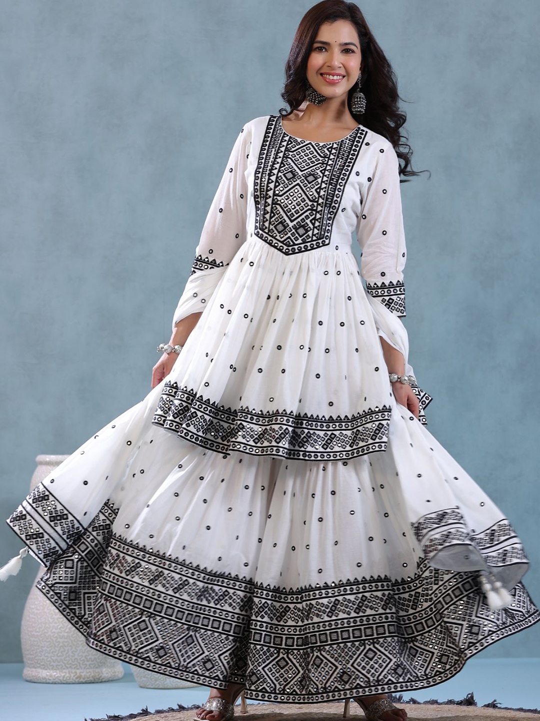 ZARI Embroidered Regular Mirror Work Kurta with Sharara & Dupatta, White