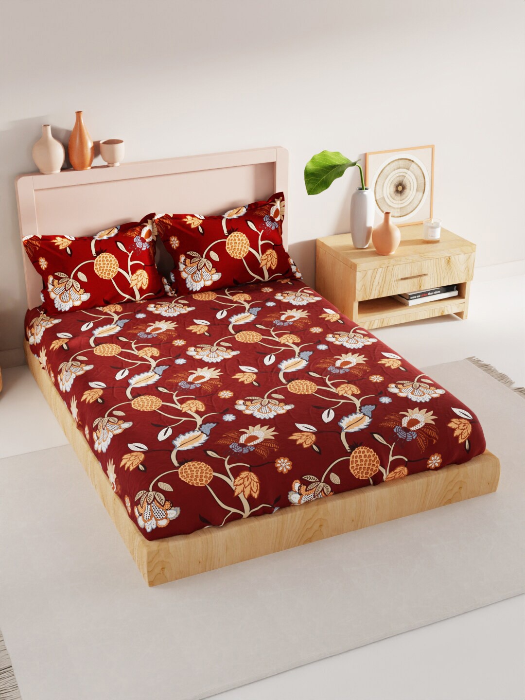 BIANCA Geo Tokyo Maroon & White Floral 200 TC King Bedsheet with 2 Pillow Covers