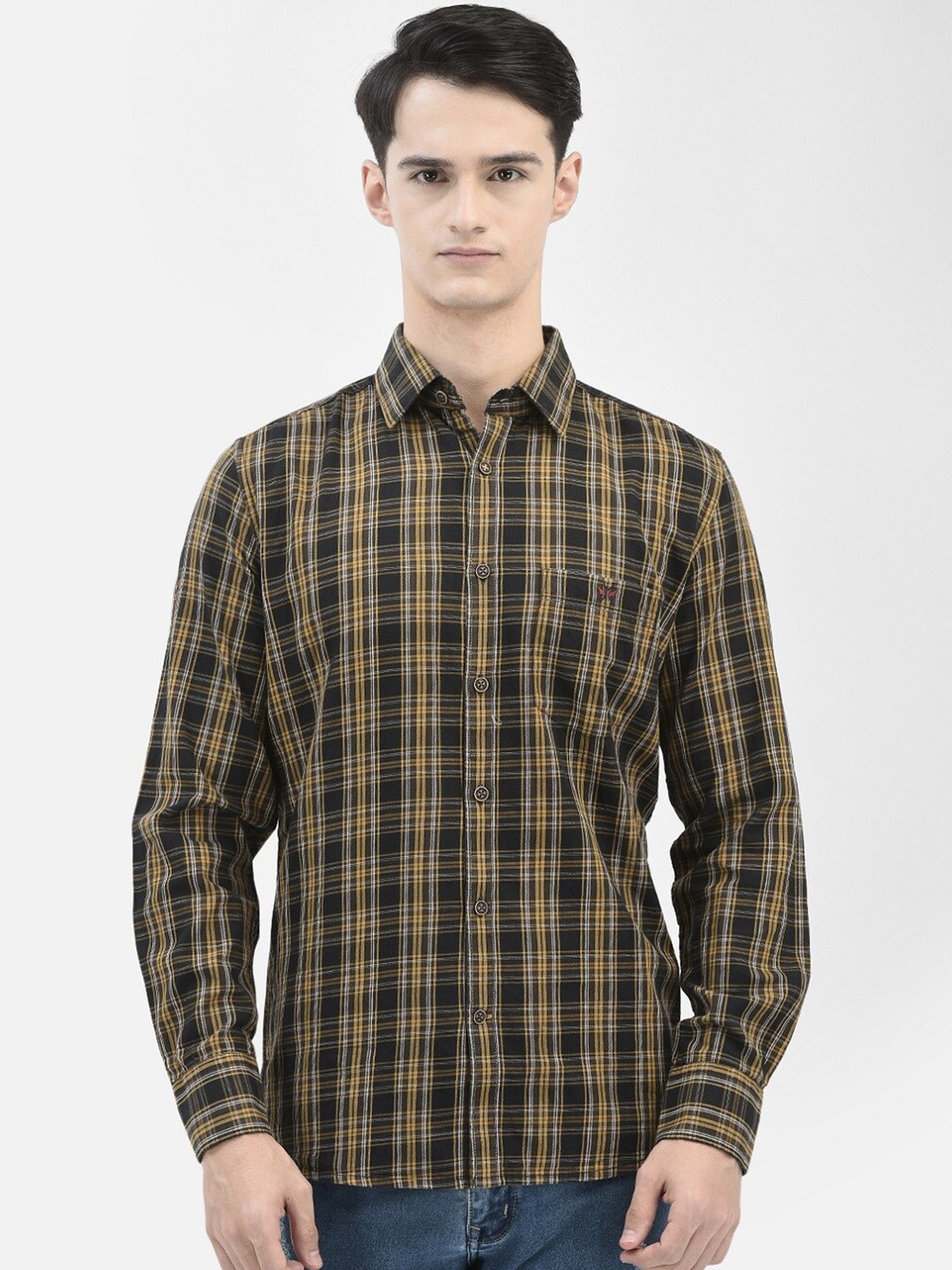 Crimsoune Club Slim Fit Opaque Checked Casual Shirt, Mustard