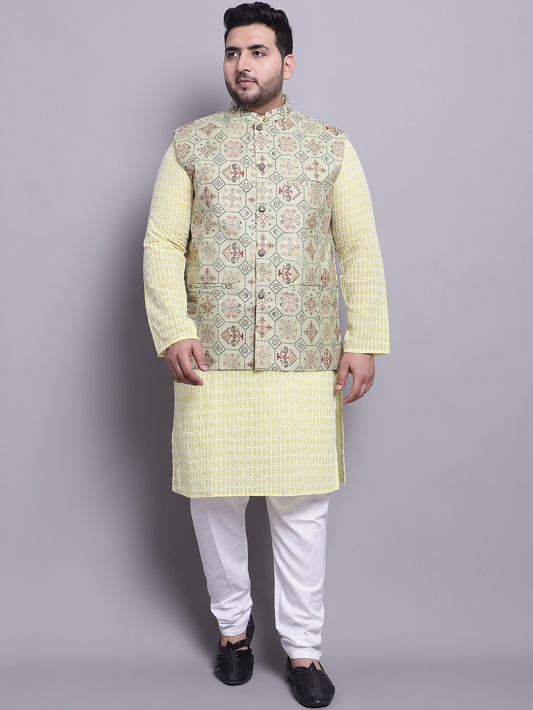 SOJANYA PLUS Plus Size Pure Cotton Straight Kurta With Pyjamas & Printed Nehru Jacket, Yellow
SOJANYA PLUS Plus Size Pure Cotton Straight Kurta With Pyjamas & Printed Nehru Jacket, Yellow
