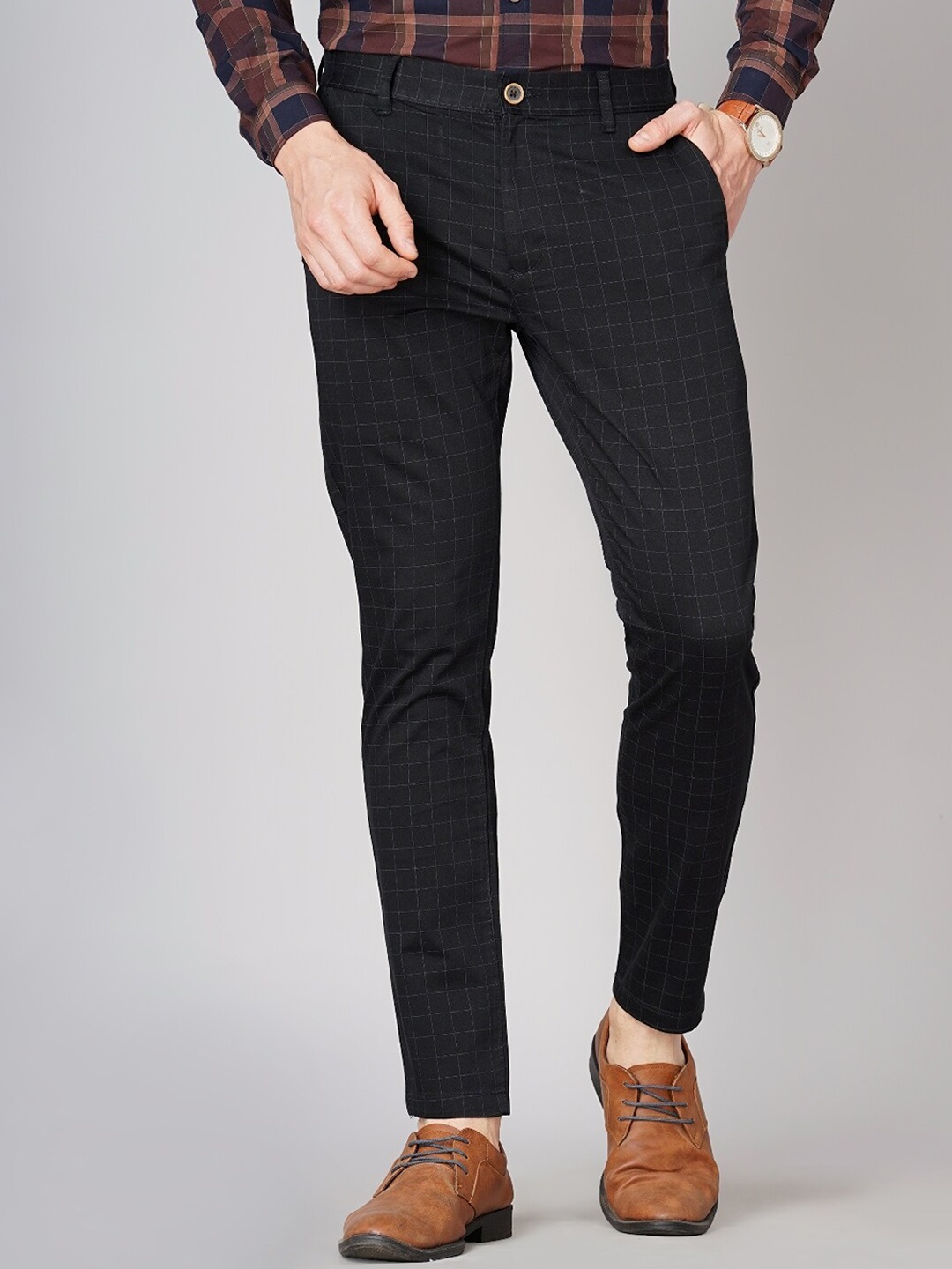 British Club Men Checked Smart Slim Fit Low-Rise Cotton Formal Trousers, Black