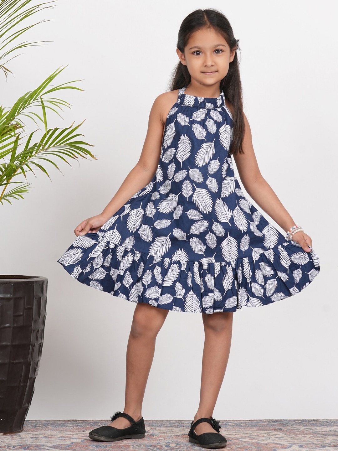 LIVING ROOTS Girls Tropical Printed Cotton A-Line Dress, Navy blue
