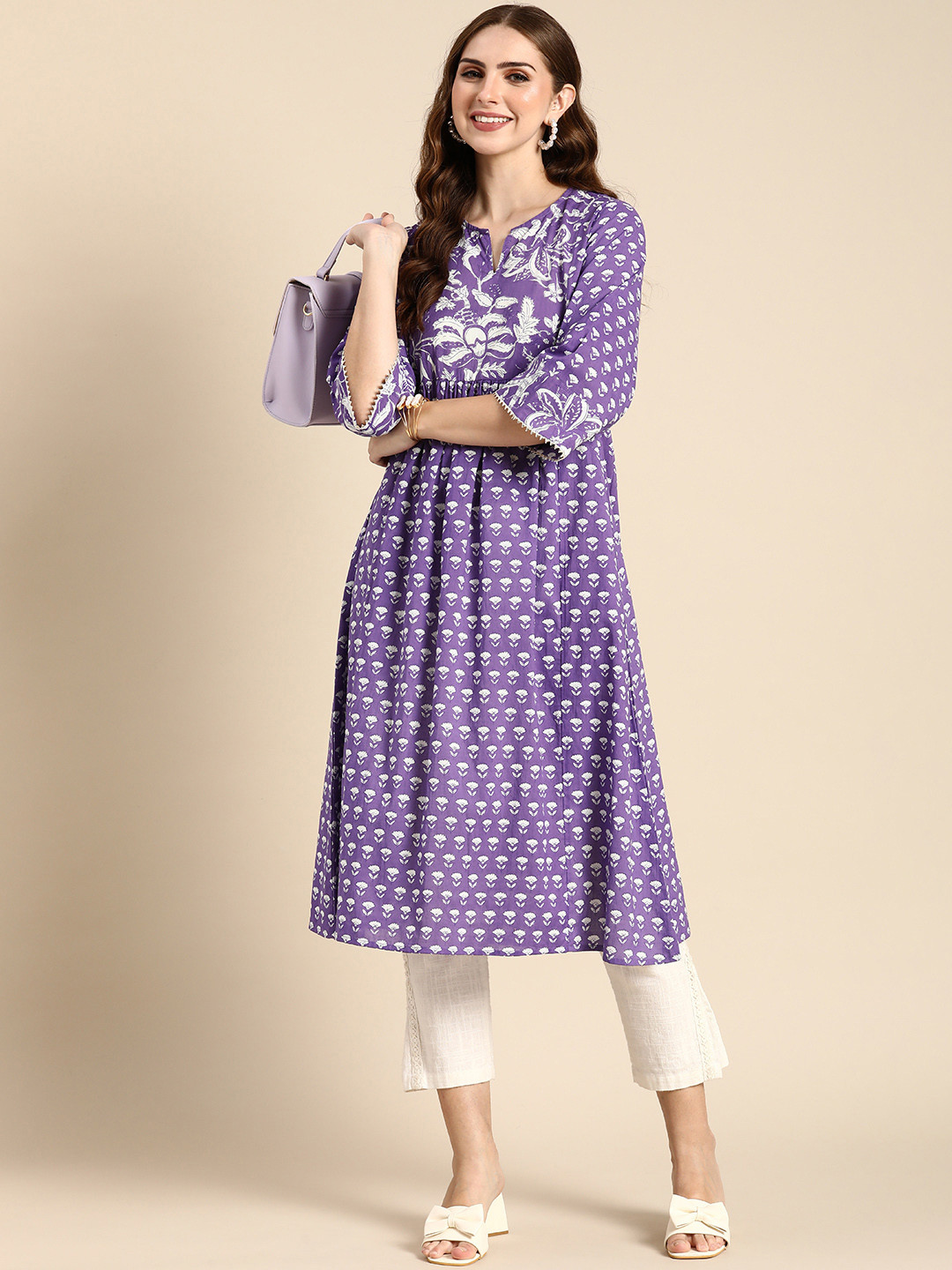 Anouk Pure Cotton Ethnic Motifs Printed A-Line Calf Length Flared Kurta, Purple 
Anouk Pure Cotton Ethnic Motifs Printed A-Line Calf Length Flared Kurta, Purple