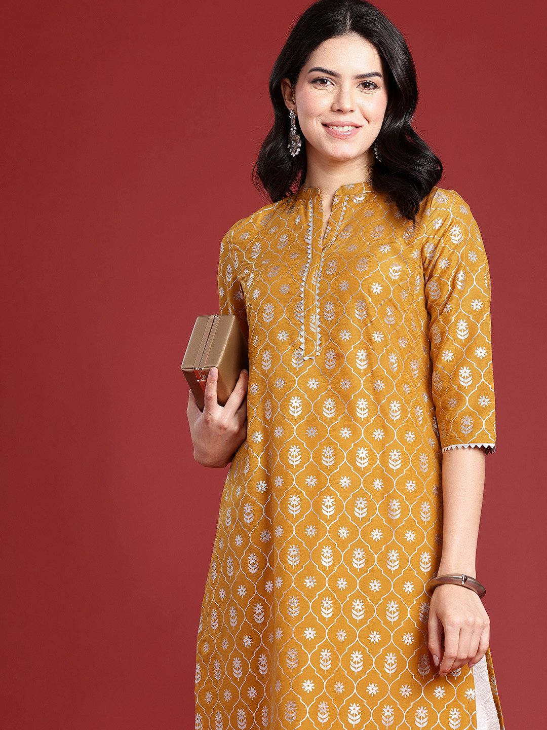 Anouk Floral Printed Gotta Patti Straight Kurta, Mustard 
Anouk Floral Printed Gotta Patti Straight Kurta, Mustard