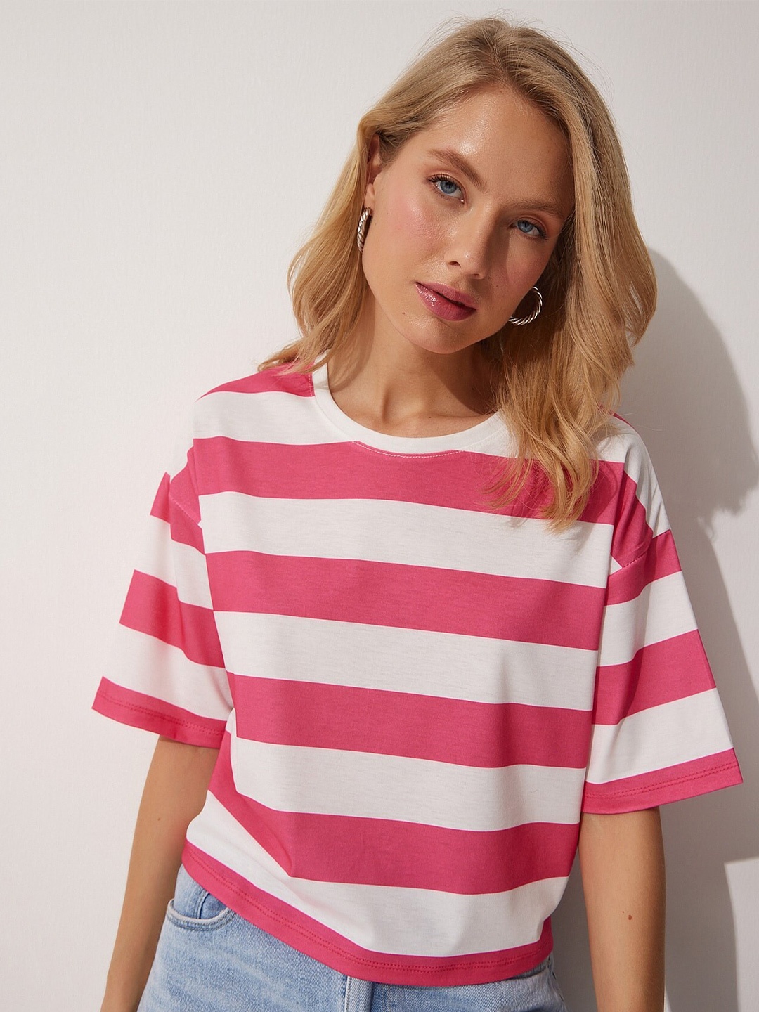 Happiness istanbul Striped Drop Shoulder Sleeves Oversized T-shirt, White
