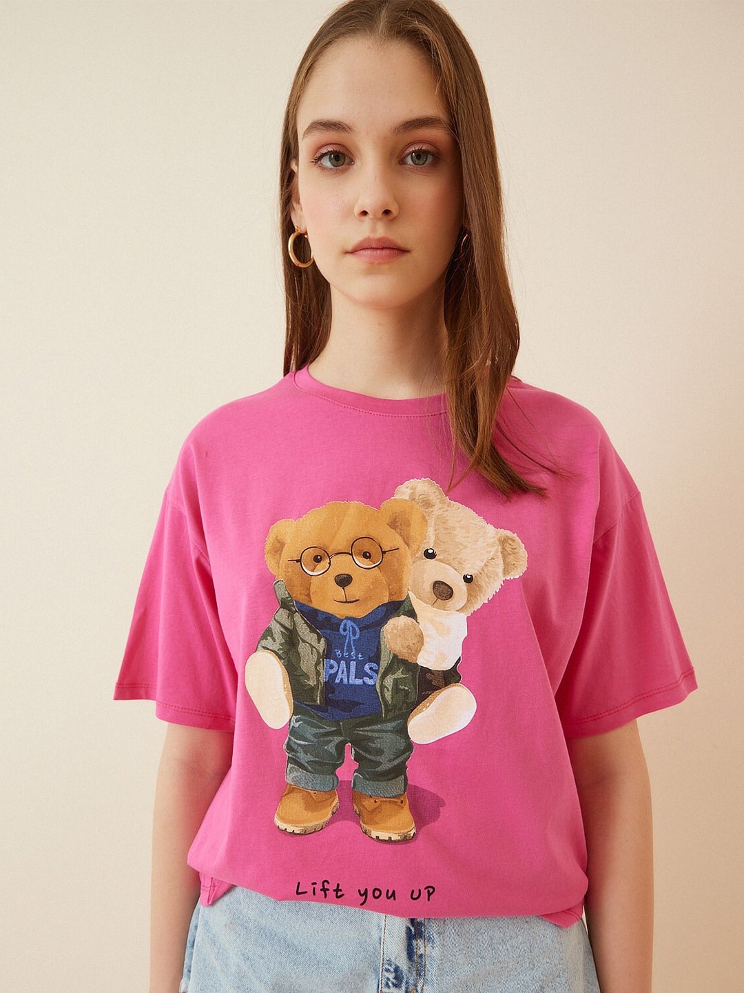 Happiness istanbul Teddy Bear Printed Pure Cotton T-shirt, Pink