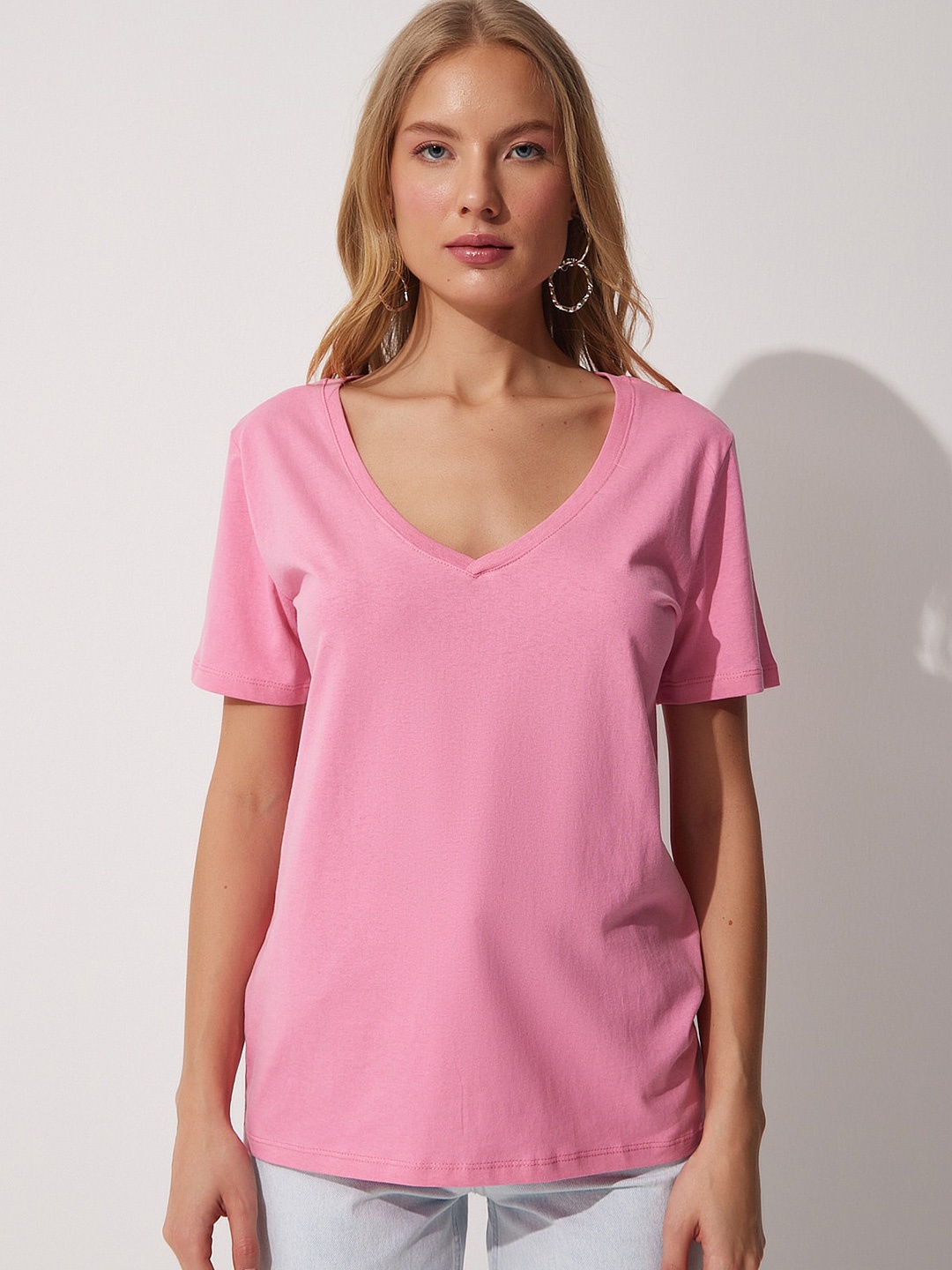 Happiness istanbul V-Neck Pure Cotton T-shirt, Pink