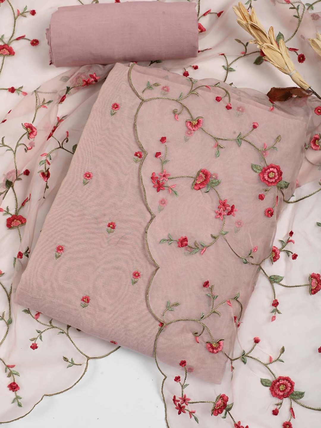 Meena Bazaar Embroidered Unstitched Dress Material, Peach