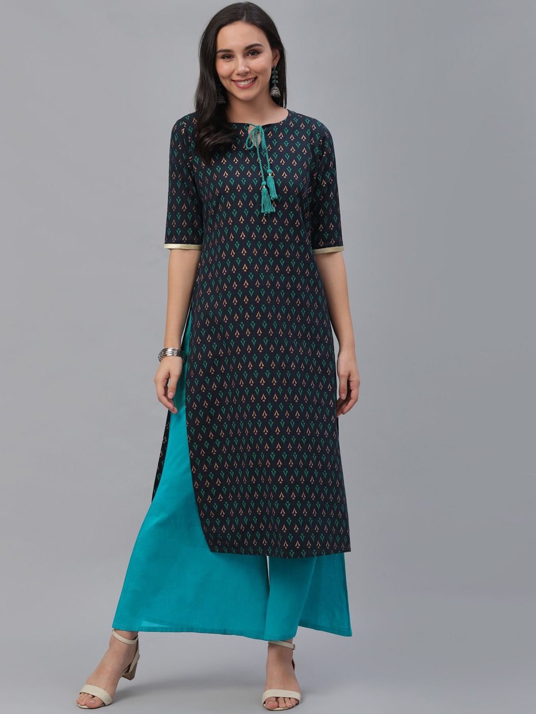 Karagwals fab Ethnic Motifs Printed Straight Kurta With Palazzos, Navy blue