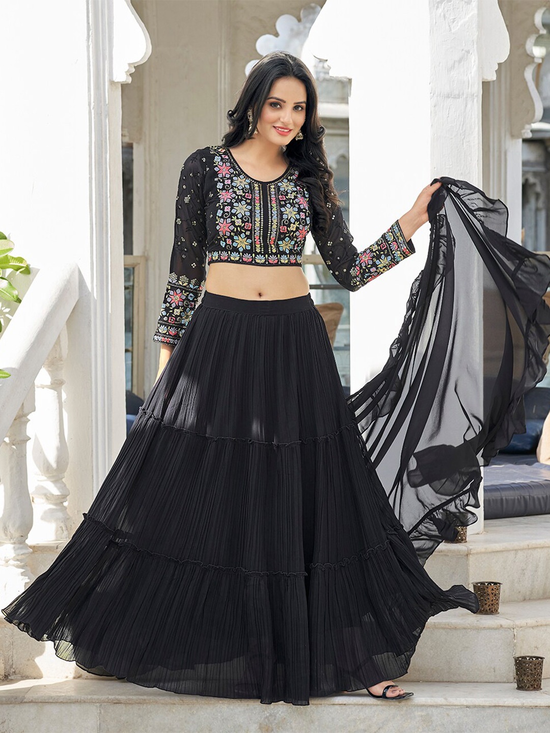 PRENEA Floral Sequinned Embroidered Ready to Wear Lehenga & Blouse With Dupatta, Black
PRENEA Floral Sequinned Embroidered Ready to Wear Lehenga & Blouse With Dupatta, Black