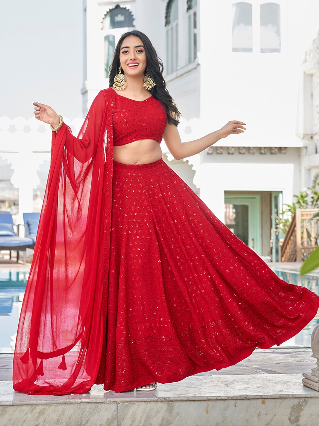 PRENEA Embroidered Sequinned Ready to Wear Lehenga & Blouse With Dupatta, Red
