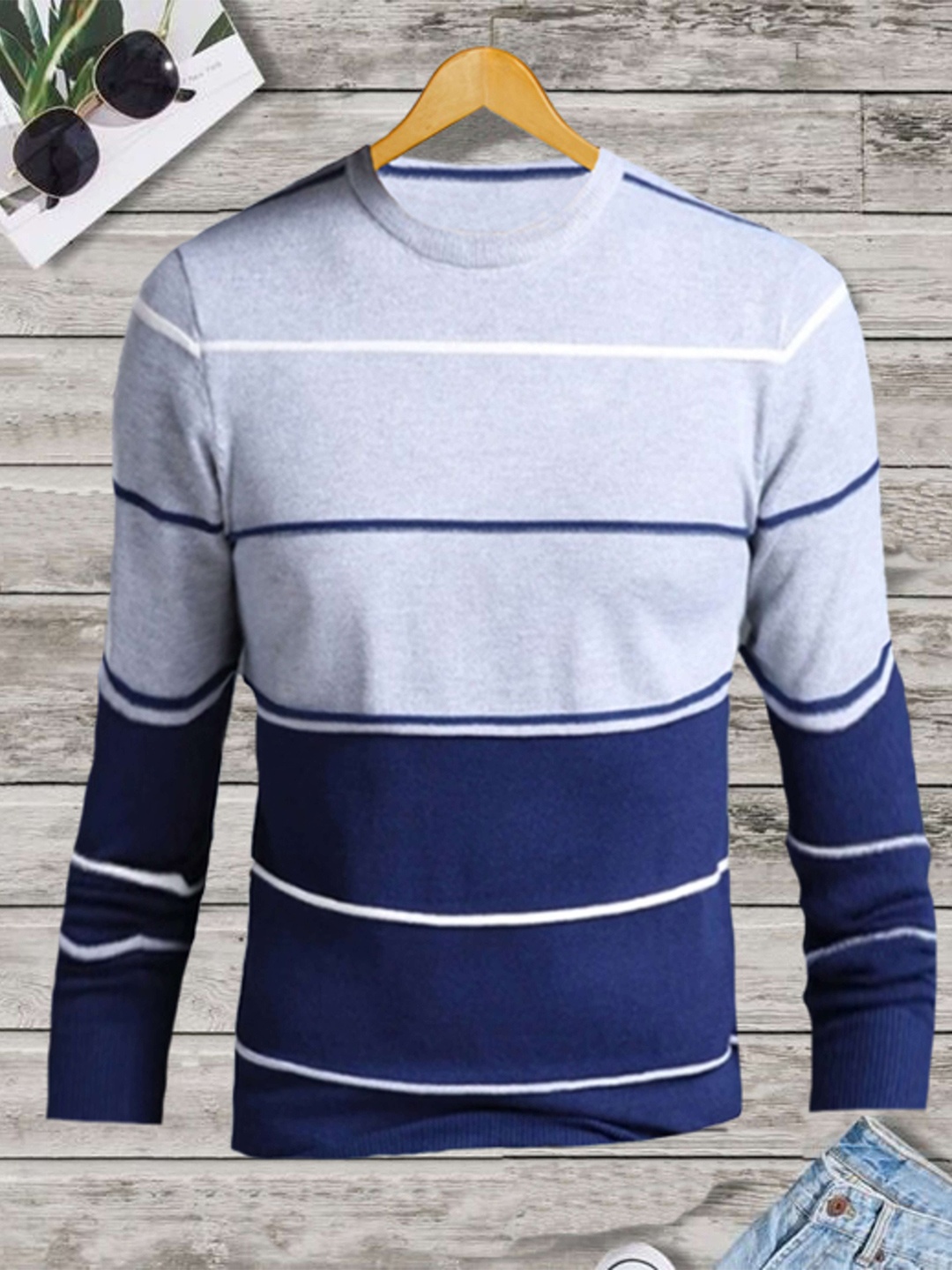Try This Striped Round Neck Cotton T-shirt, Blue