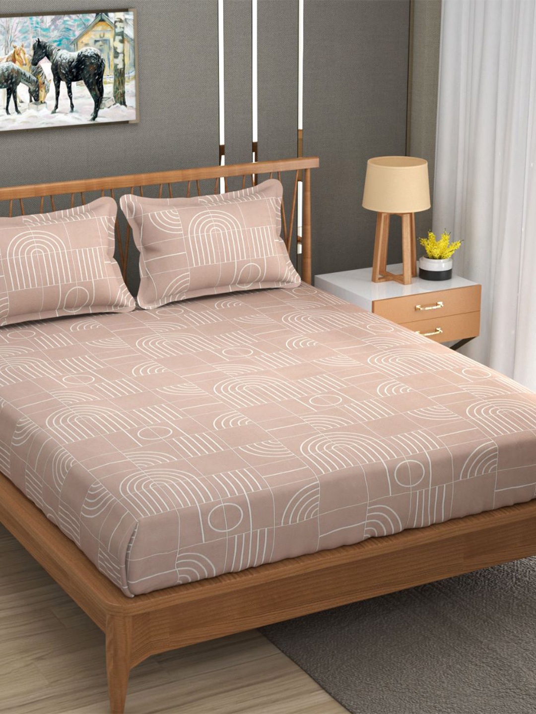 Bajo's Beige & White Geometric 250 TC Fitted Cotton King Bedsheet with 2 Pillow Covers
Bajo's Beige & White Geometric 250 TC Fitted Cotton King Bedsheet with 2 Pillow Covers