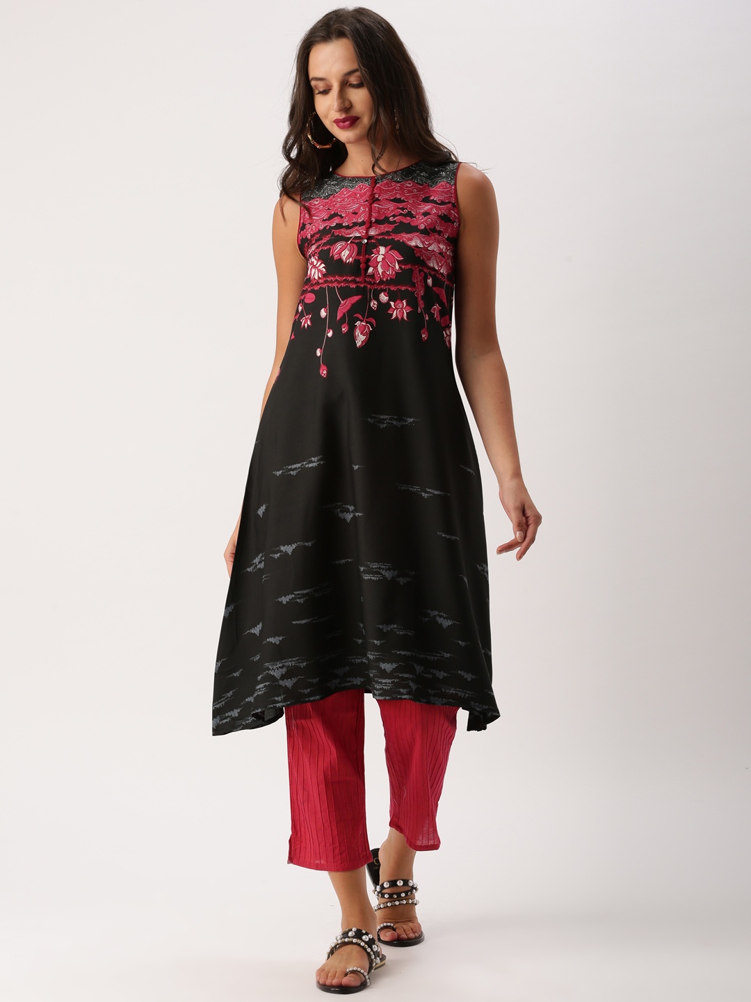 IMARA Women Black & Pink Printed A-Line Kurta