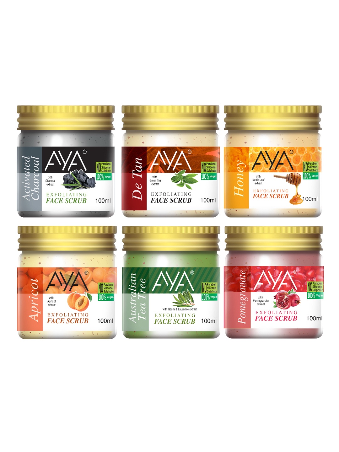 AYA Set of Charcoal-Detan-Apricot-Tea Tree-Pomegranate-Honey Face Scrubs -100 ml Each, Grey
AYA Set of Charcoal-Detan-Apricot-Tea Tree-Pomegranate-Honey Face Scrubs -100 ml Each, Grey