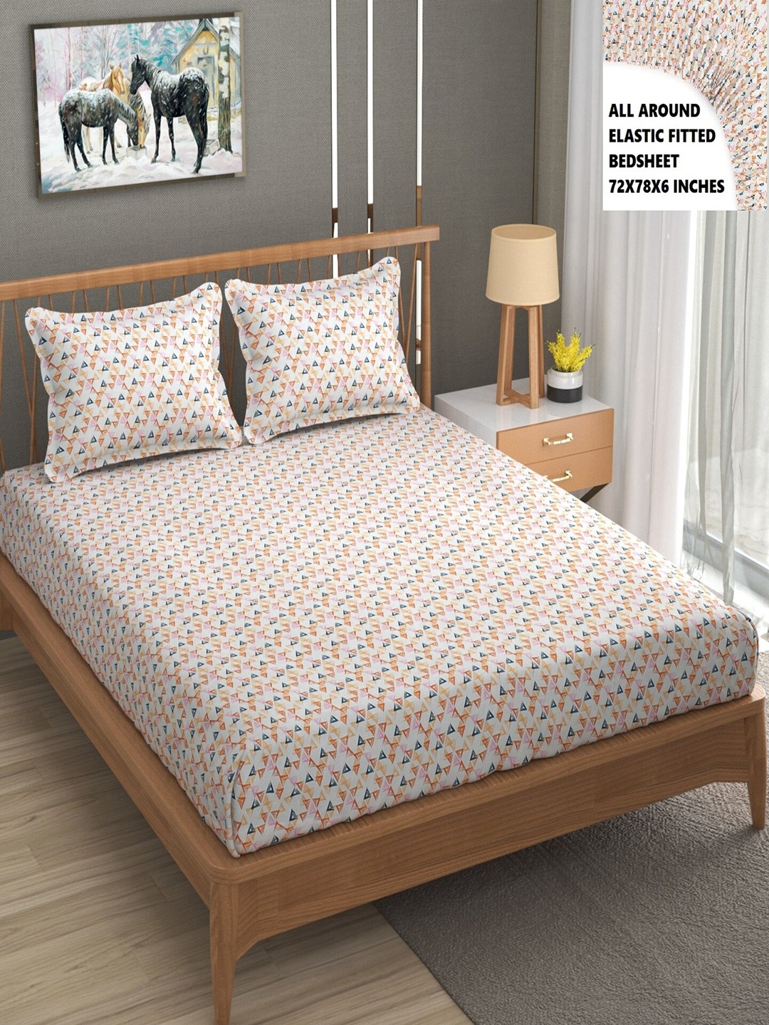 BELVOSTUM White & Pink Geometric 200 TC Fitted Cotton King Bedsheet with 2 Pillow Covers
BELVOSTUM White & Pink Geometric 200 TC Fitted Cotton King Bedsheet with 2 Pillow Covers