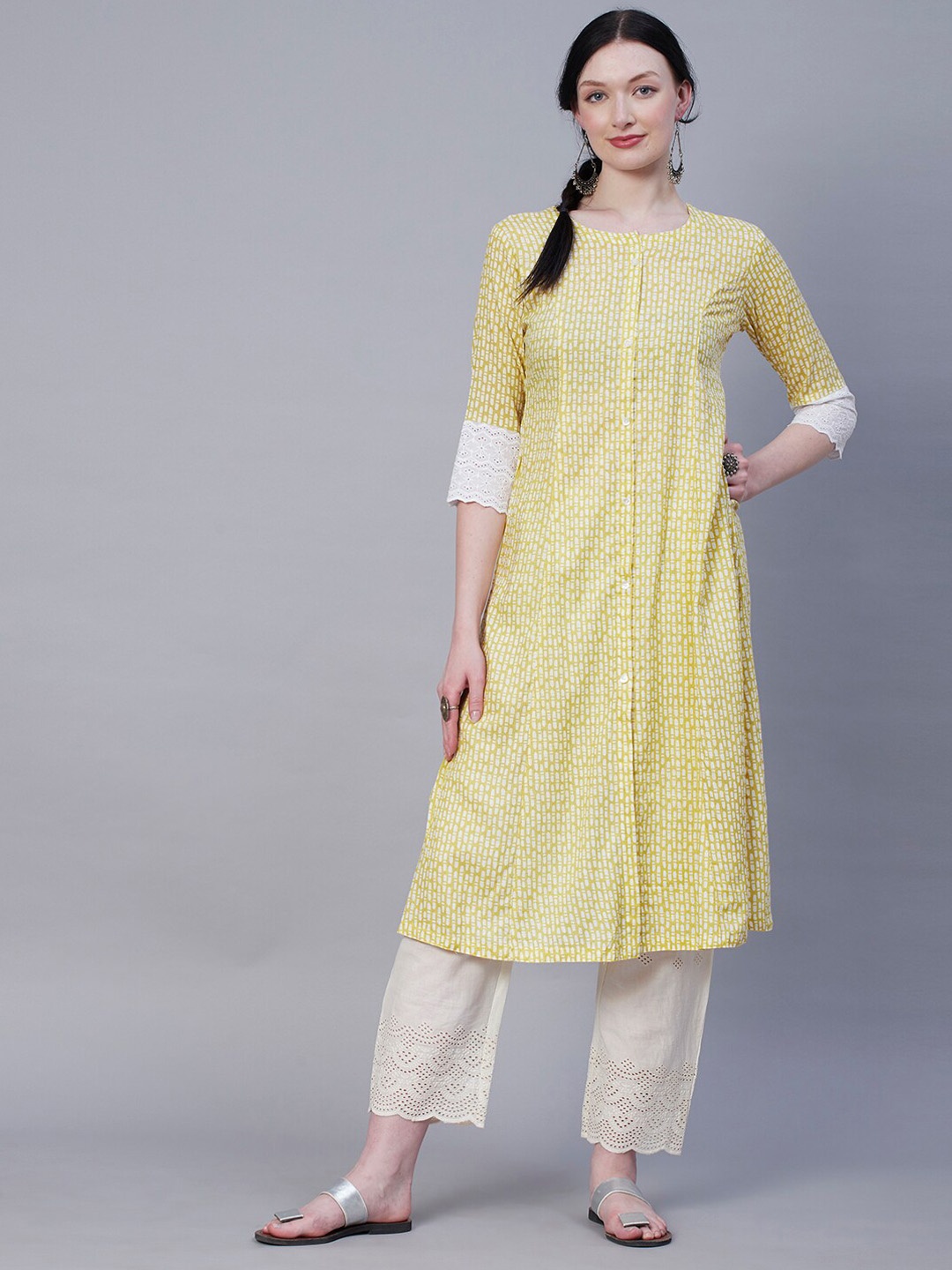 FASHOR Yellow Geometric Printed Pure Cotton Kurta