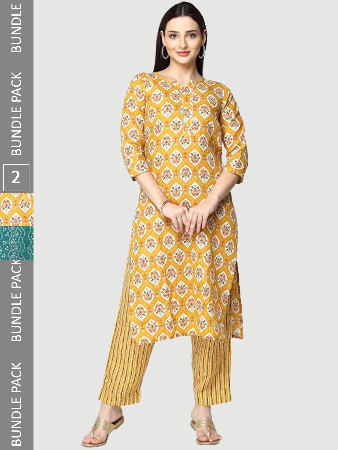 KALINI Selection Of 2 Ethnic Motifs Printed Regular Pure Cotton Kurta with Trousers, Yellow
KALINI Selection Of 2 Ethnic Motifs Printed Regular Pure Cotton Kurta with Trousers, Yellow