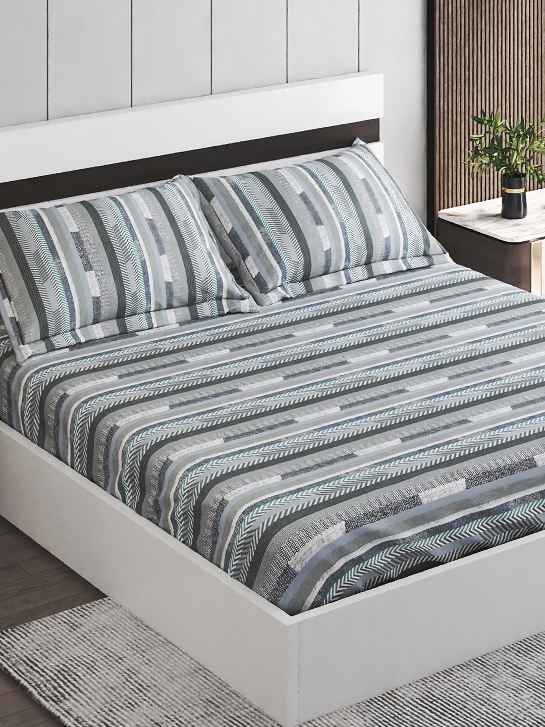 Home Centre Dallas Grey & Green Striped Cotton 144 TC Queen Bedsheet With 2 Pillow Covers
Home Centre Dallas Grey & Green Striped Cotton 144 TC Queen Bedsheet With 2 Pillow Covers