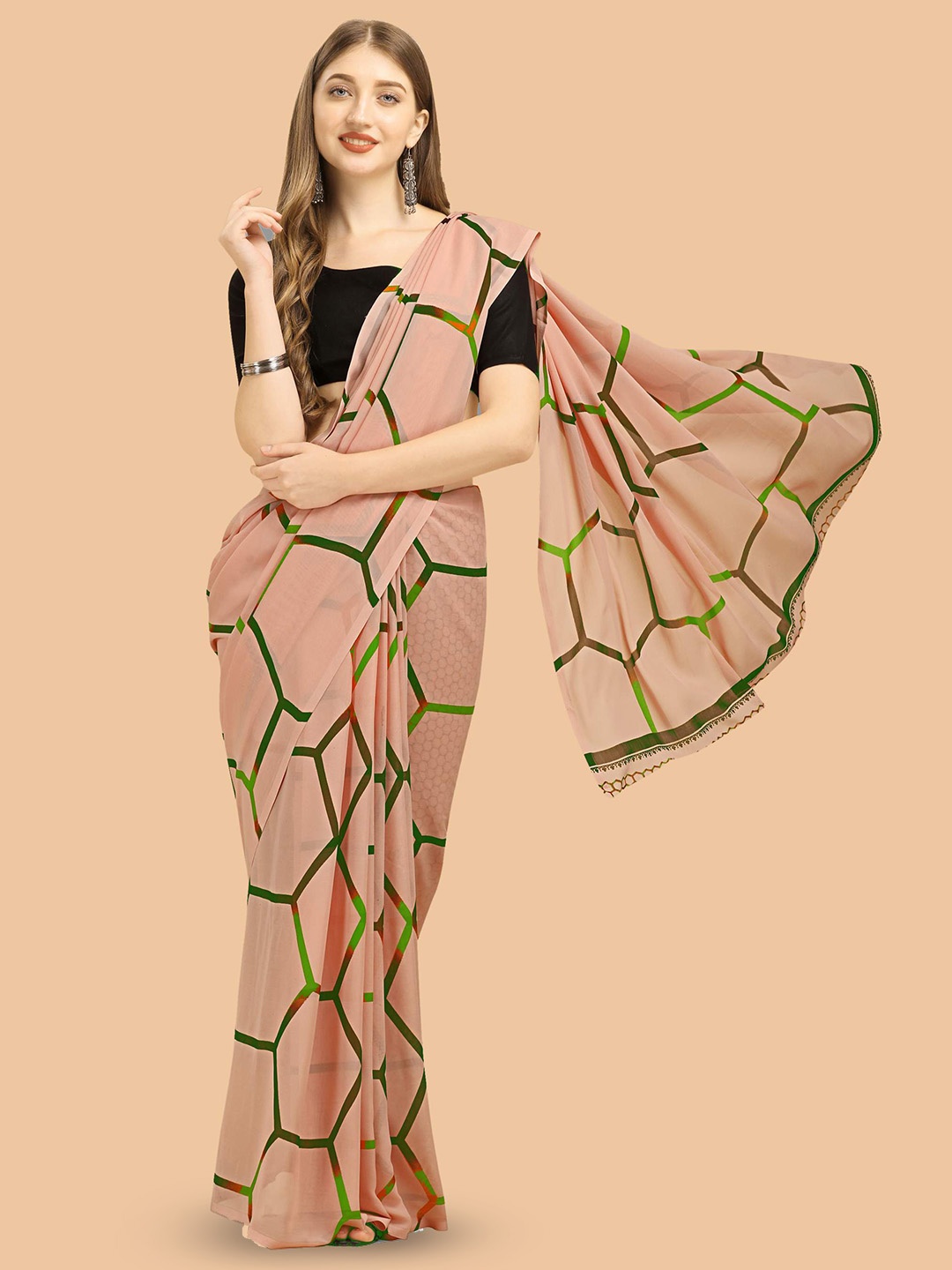 Dori Geometric Printed Saree, Green