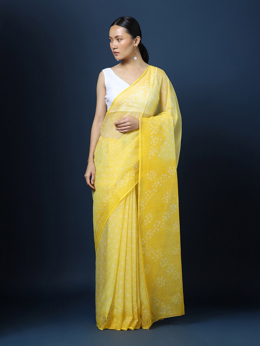 CHOWDHRAIN Bandhani Printed Pure Cotton Kota Saree, Yellow