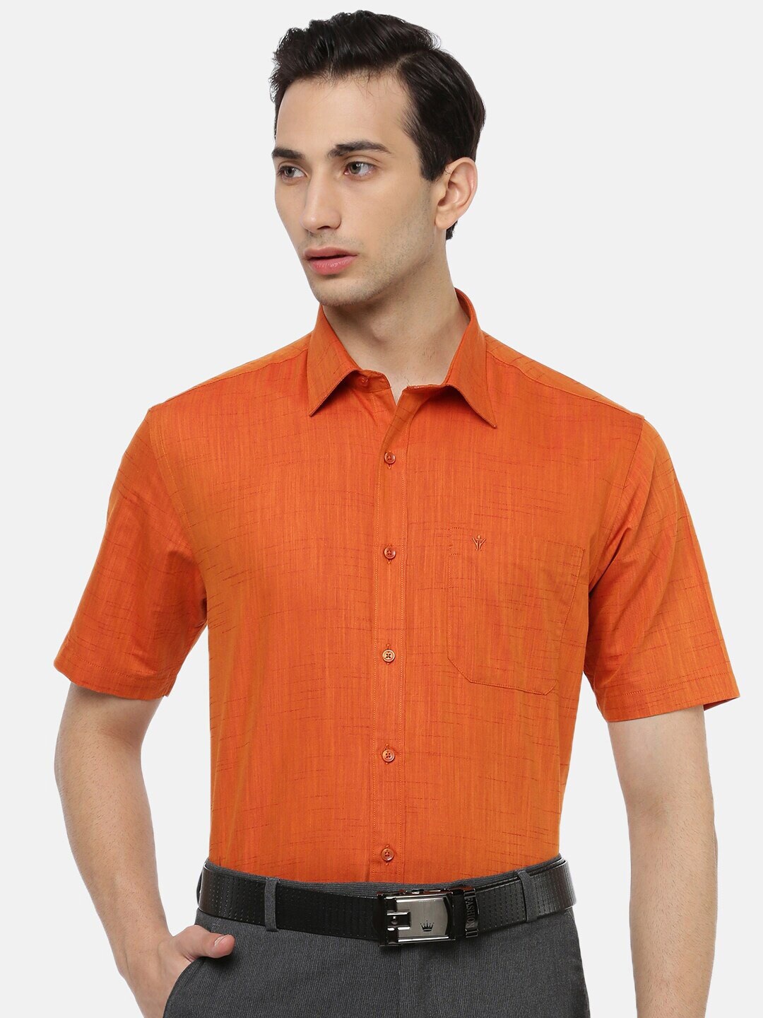 Ramraj Original Tailored Fit Opaque Pure Cotton Formal Shirt, Orange