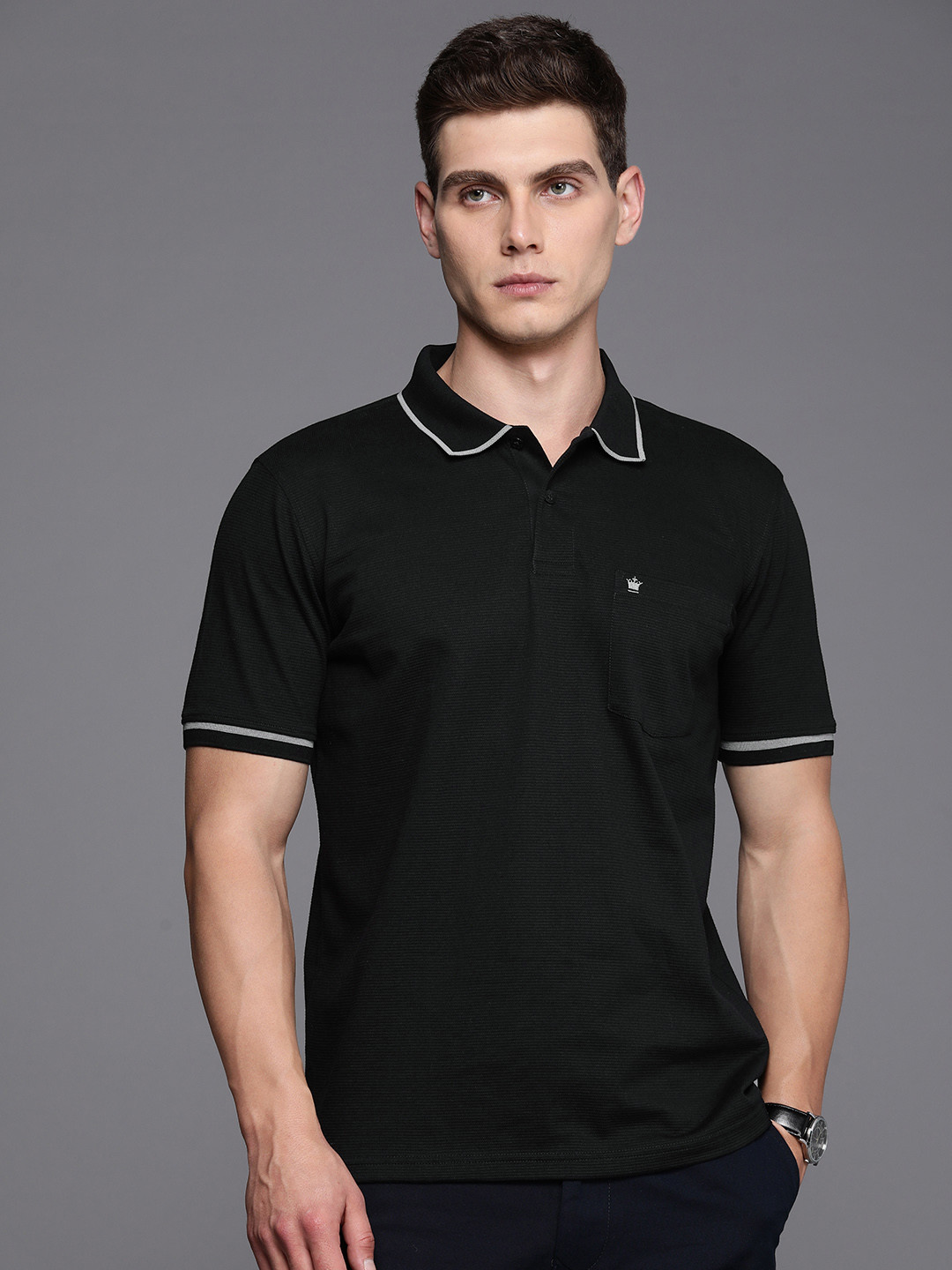 Louis Philippe Self Design Polo Collar Pure Cotton T-shirt With Chest Pocket, Black
Louis Philippe Self Design Polo Collar Pure Cotton T-shirt With Chest Pocket, Black