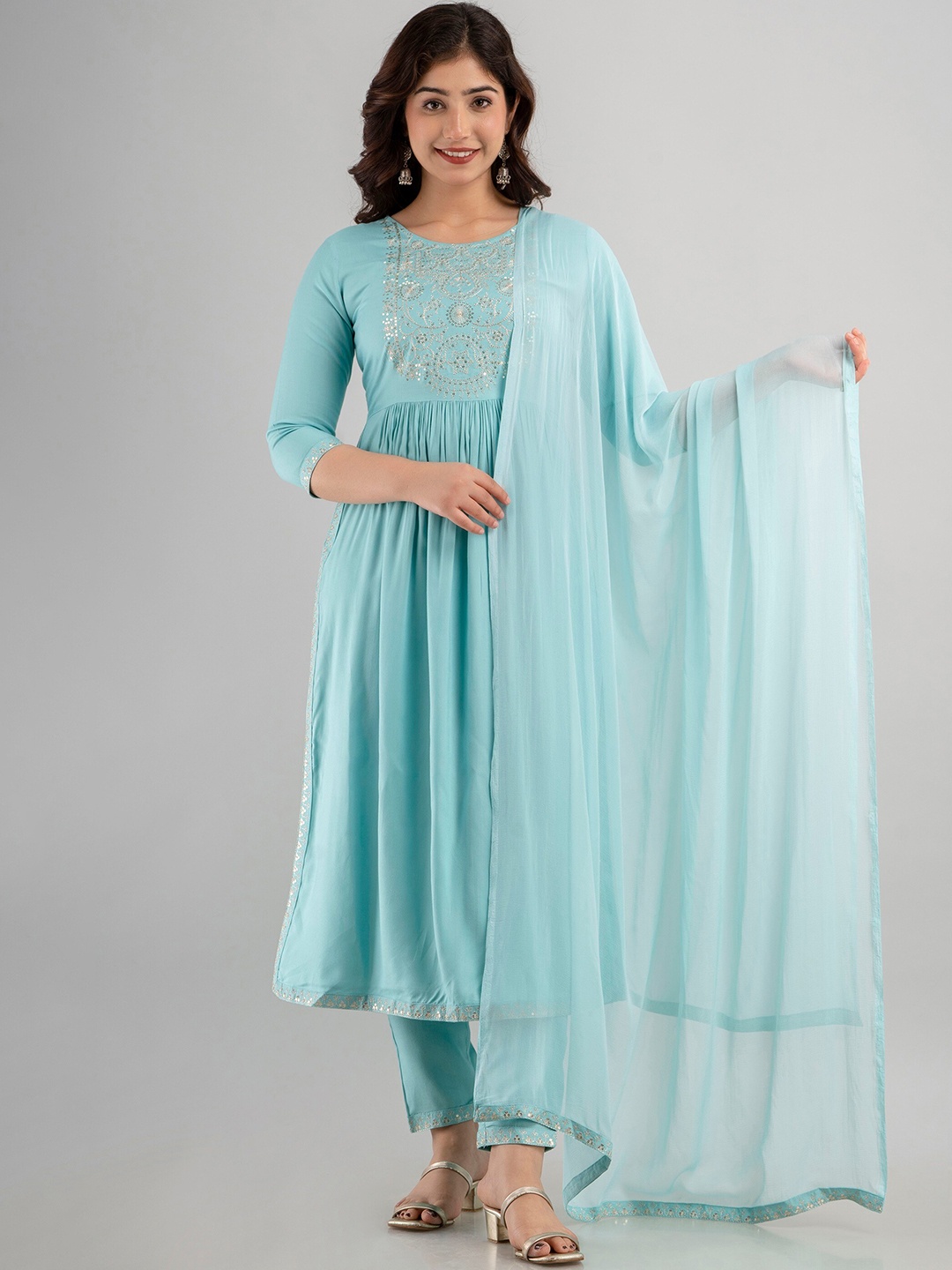 Charu Sequnnied Embroidered Pleated Kurta with Trousers & Dupatta, Turquoise blue
Charu Sequnnied Embroidered Pleated Kurta with Trousers & Dupatta, Turquoise blue