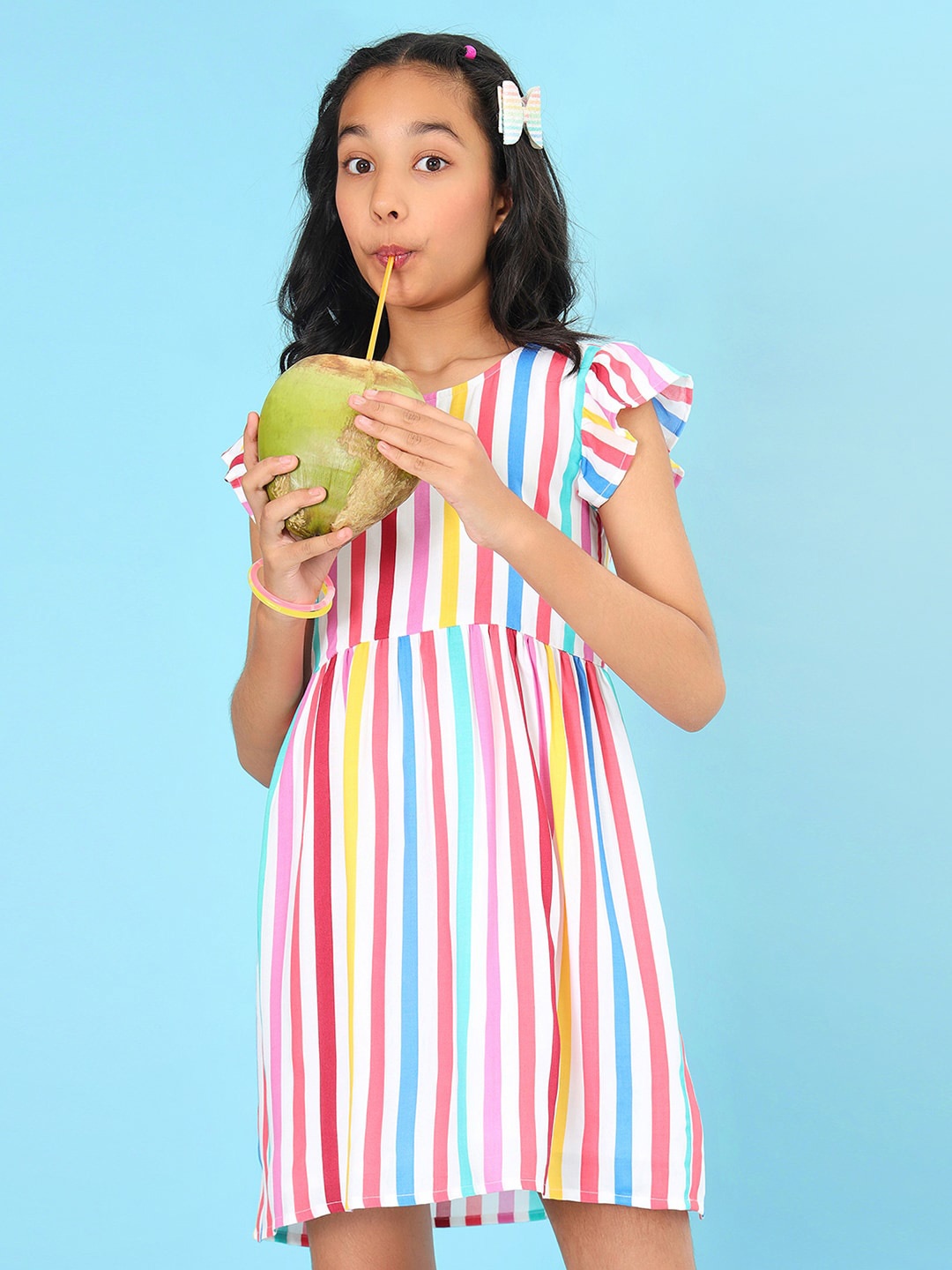 BONKIDS Girls Candy Striped Flutter Sleeve & Gathered Cotton Fit & Flare Dress, Turquoise blue
BONKIDS Girls Candy Striped Flutter Sleeve & Gathered Cotton Fit & Flare Dress, Turquoise blue