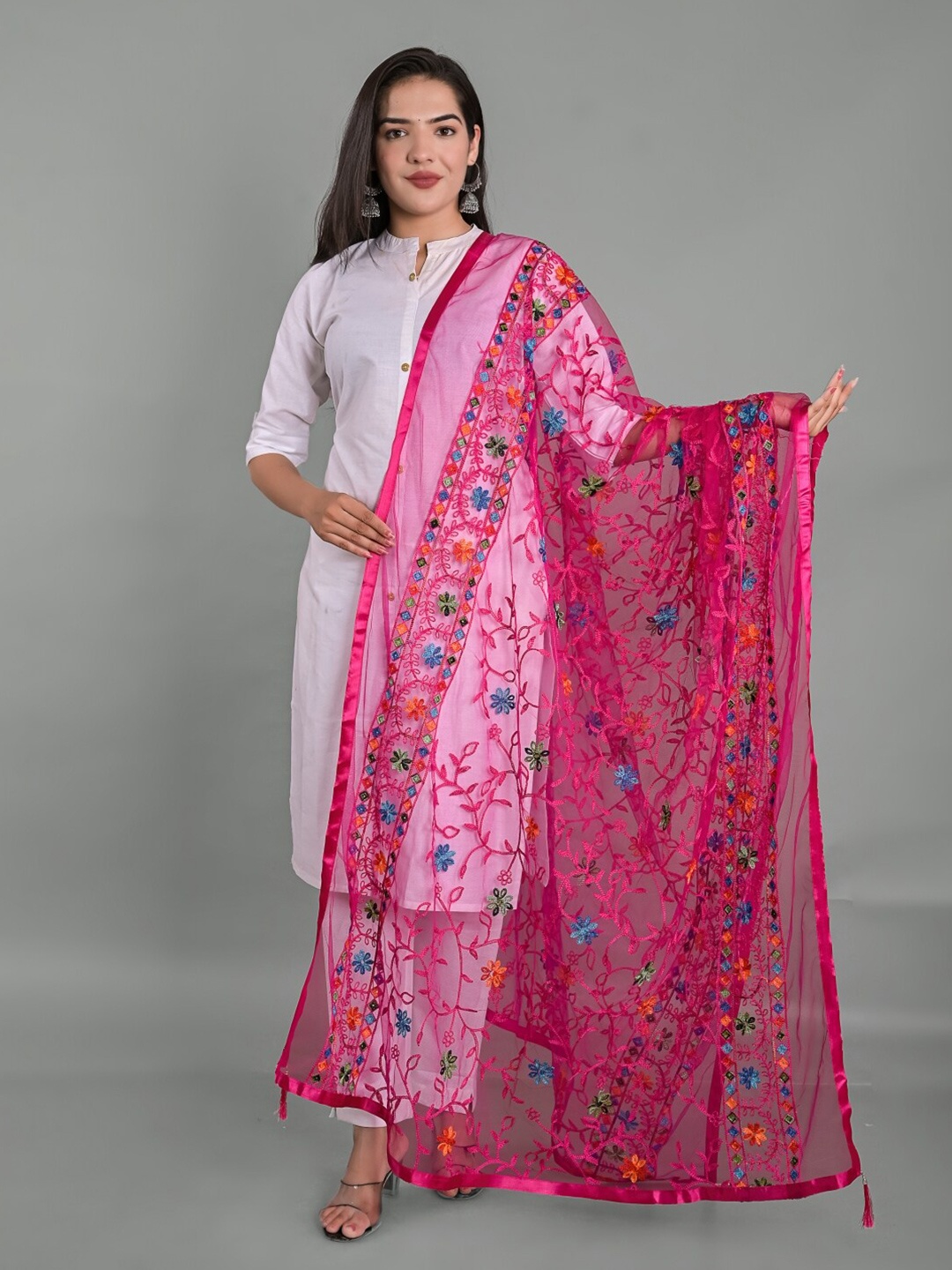Apratim Floral Embroidered Dupatta, Pink