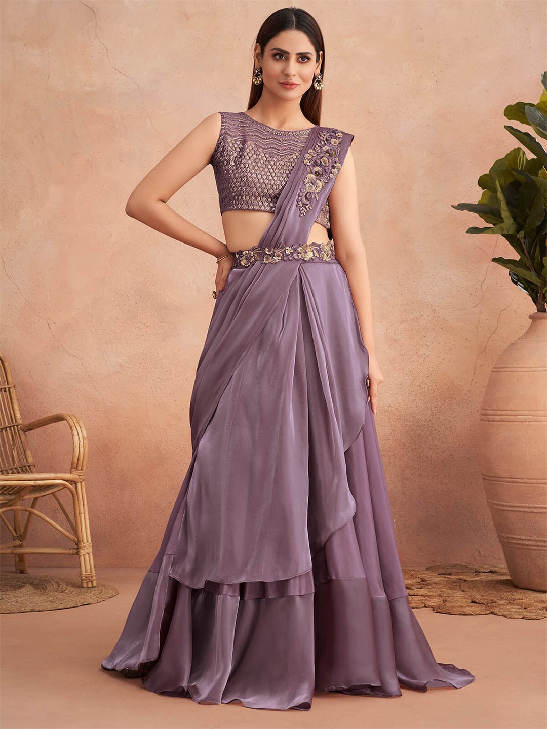 ODETTE Satin Lehenga Saree, Purple