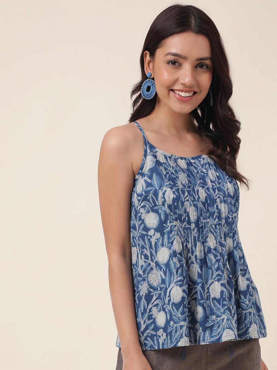 Fabindia Ethnic Motifs Printed Cotton Top, Blue