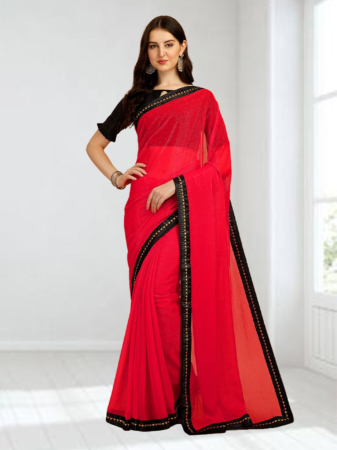 N N ENTERPRISE Red & Black Gotta Patti Silk Blend Saree