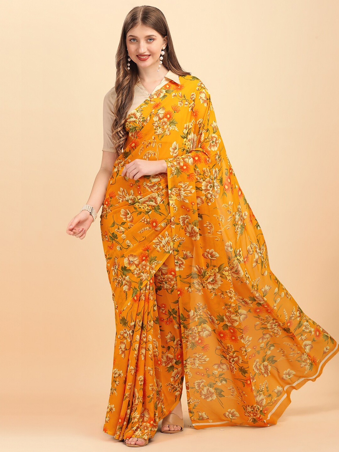 Dori Floral Printed Striped Border Pure Georgette Saree, Mustard