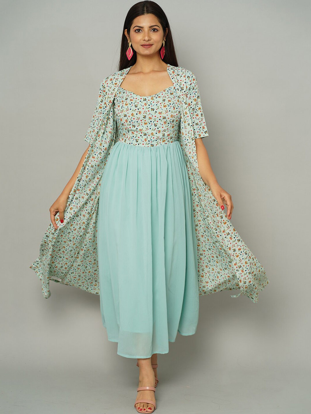 NAYRA Floral Printed Shoulder Straps Gathered Georgette Fit & Flare Dress With Shrug, Turquoise blue
NAYRA Floral Printed Shoulder Straps Gathered Georgette Fit & Flare Dress With Shrug, Turquoise blue